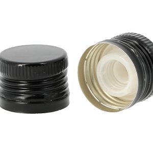 Alumīnija skrūvējamais vāciņš, ar vītni 31.5x24mm ar dozatoru eļļām, melnā krāsā